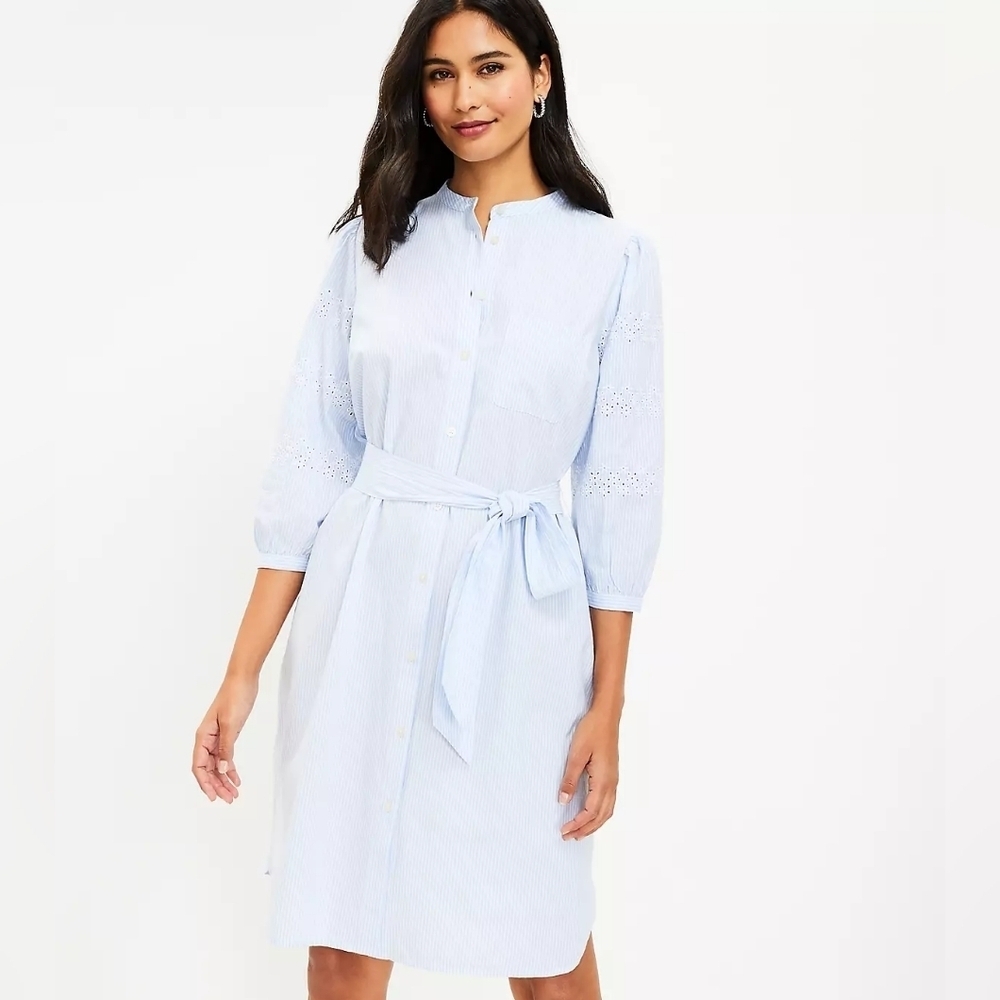 Anne Taylor Loft, stripe Embroidered Pocket Shirt dress. Oversized XS